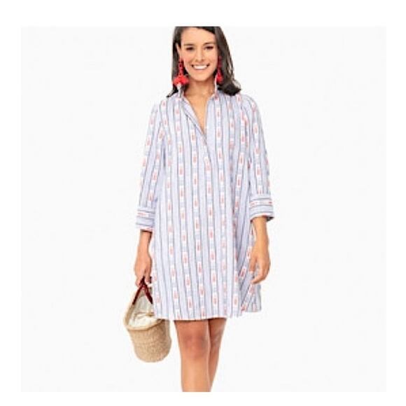 Tuckernuck Ikat Stripe Megan Shift Dress White Red Blue V-Neck Collar Mini XS - Picture 1 of 12